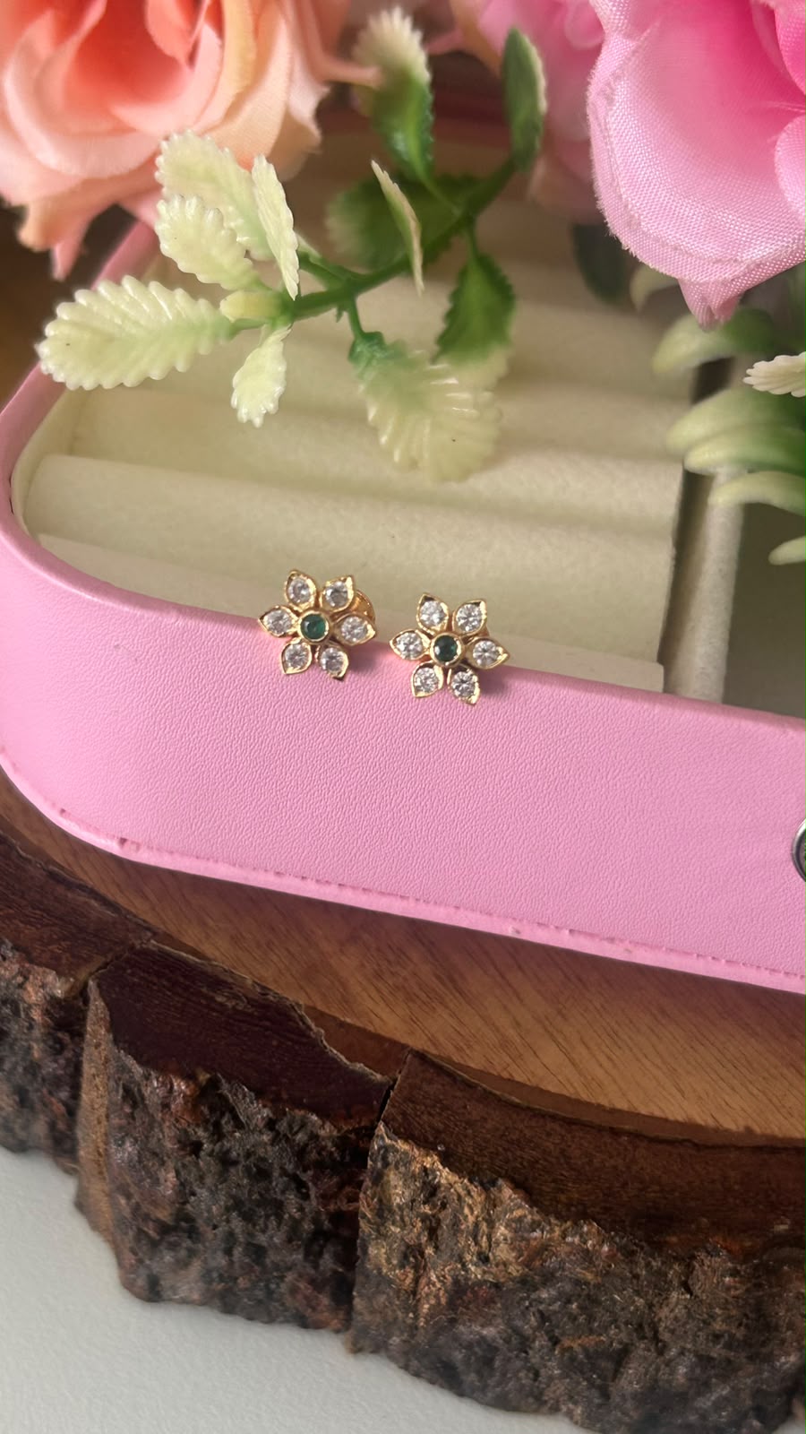 Tiny Floral Panchaloham Ear Studs in full white with middle green  | Gold Finish Everyday Earrings