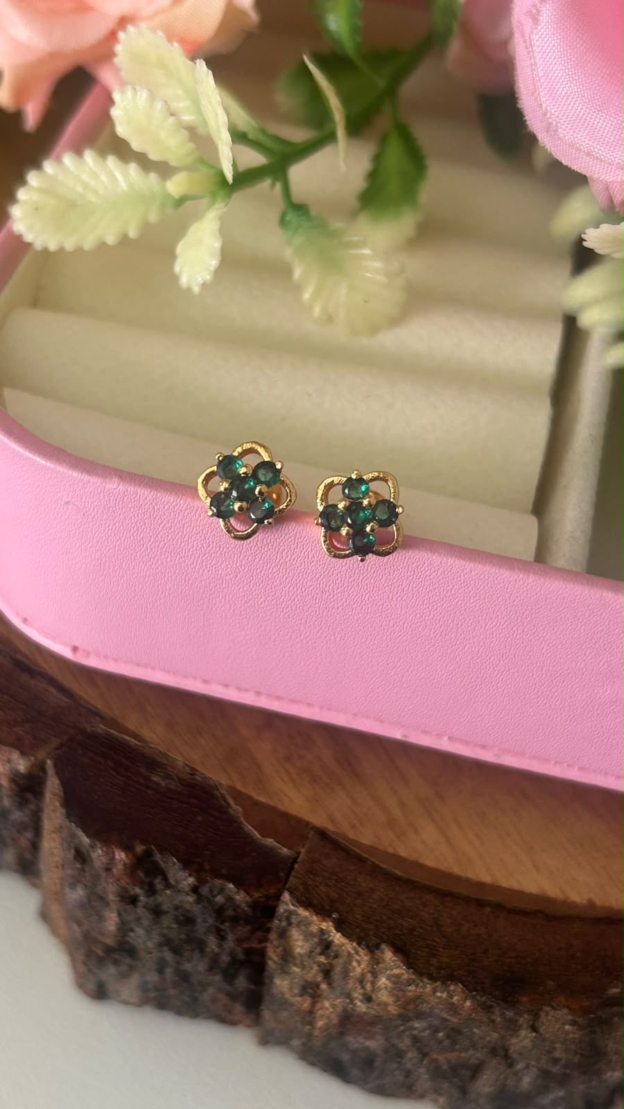 Panchaloham Gold Polish Four Loop Floral Stud Earrings in full green