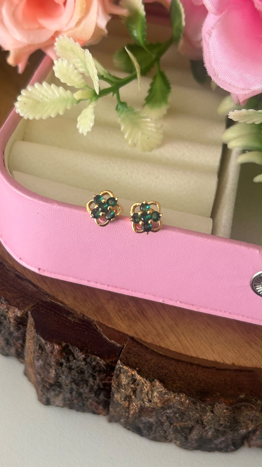 Panchaloham Gold Polish Four Loop Floral Stud Earrings in full green
