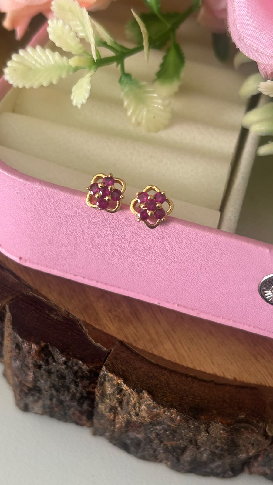 Panchaloham Gold Polish Four Loop Floral Stud Earrings in full red