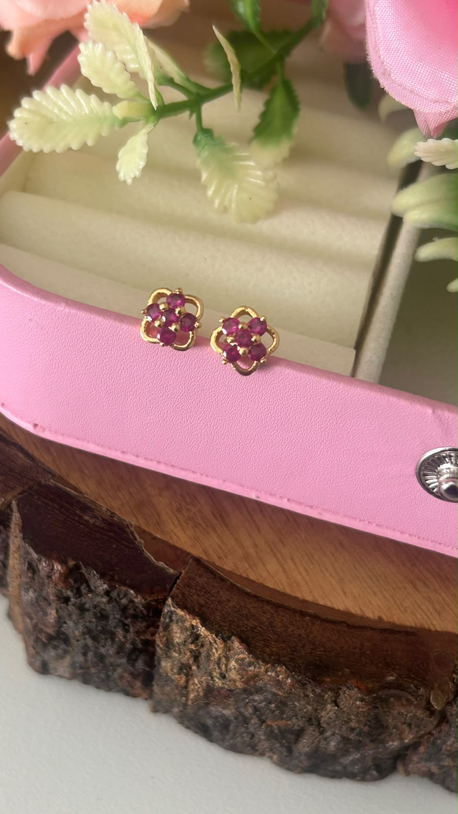 Panchaloham Gold Polish Four Loop Floral Stud Earrings in full red
