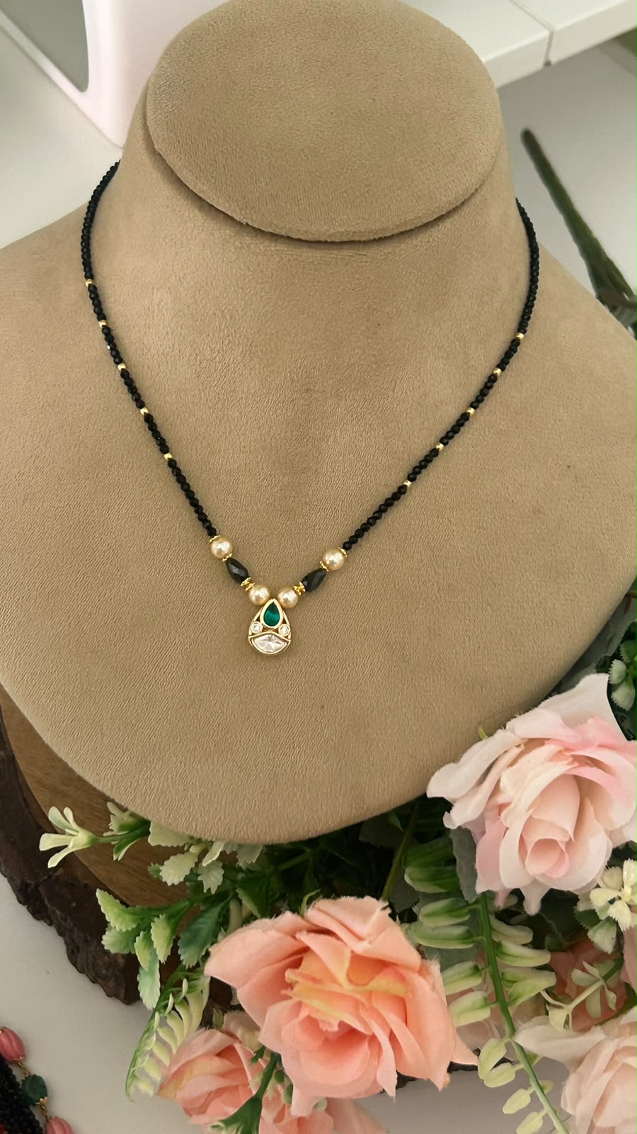Elegant Black Beads Mangalsutra Necklace with Green Stone Teardrop Pendant, Gold-Tone Beads & Pearl Accents for Women