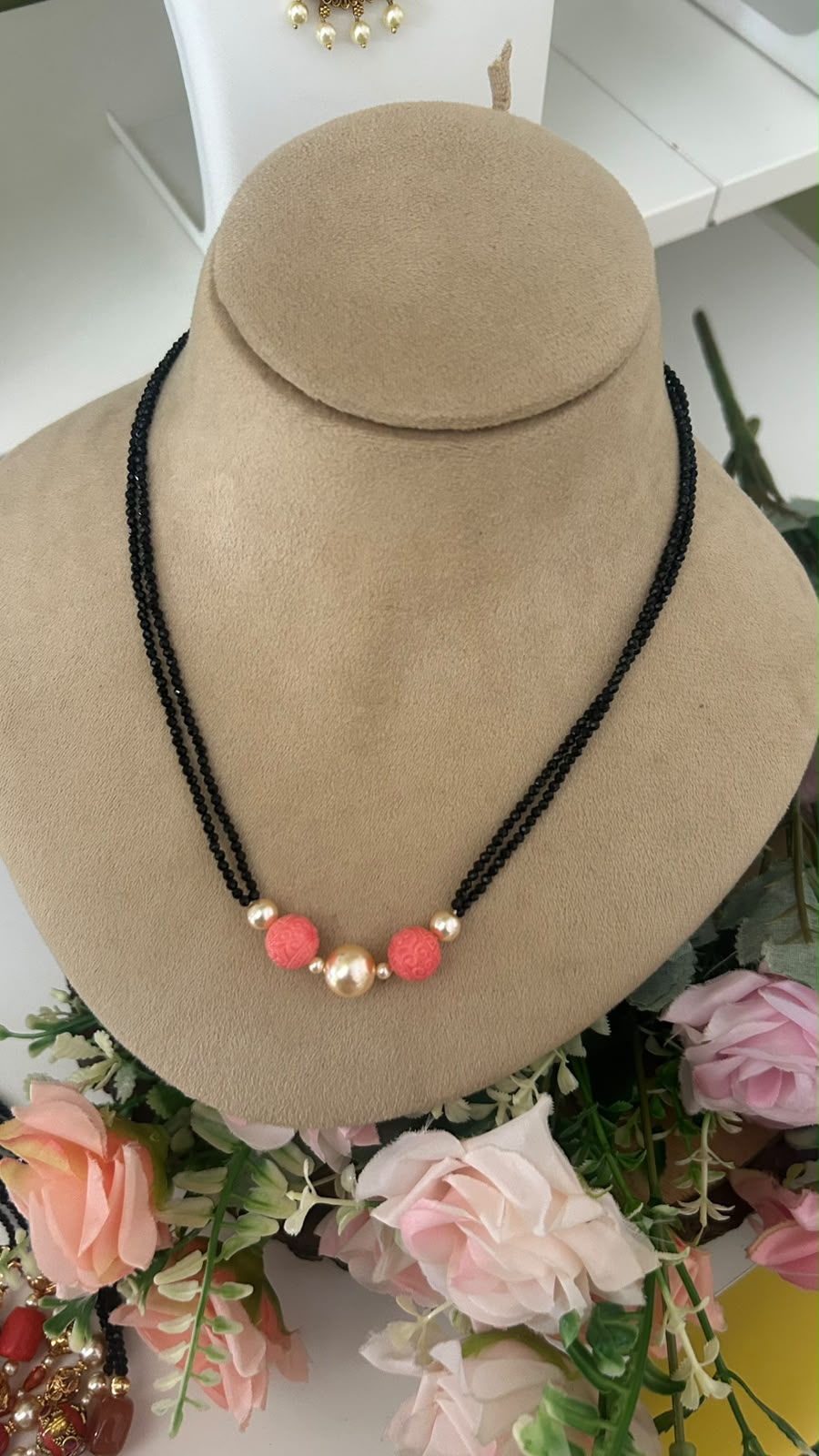 Elegant Double Line Black Beads Mangalsutra Necklace with Pink Carved Beads & Gold-Tone Pearl Accents for Women