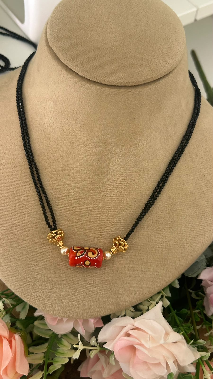 Designer Double Line Black Beads Mangalsutra Necklace with Red Meenakari Barrel Bead & Gold-Tone Accents for Women