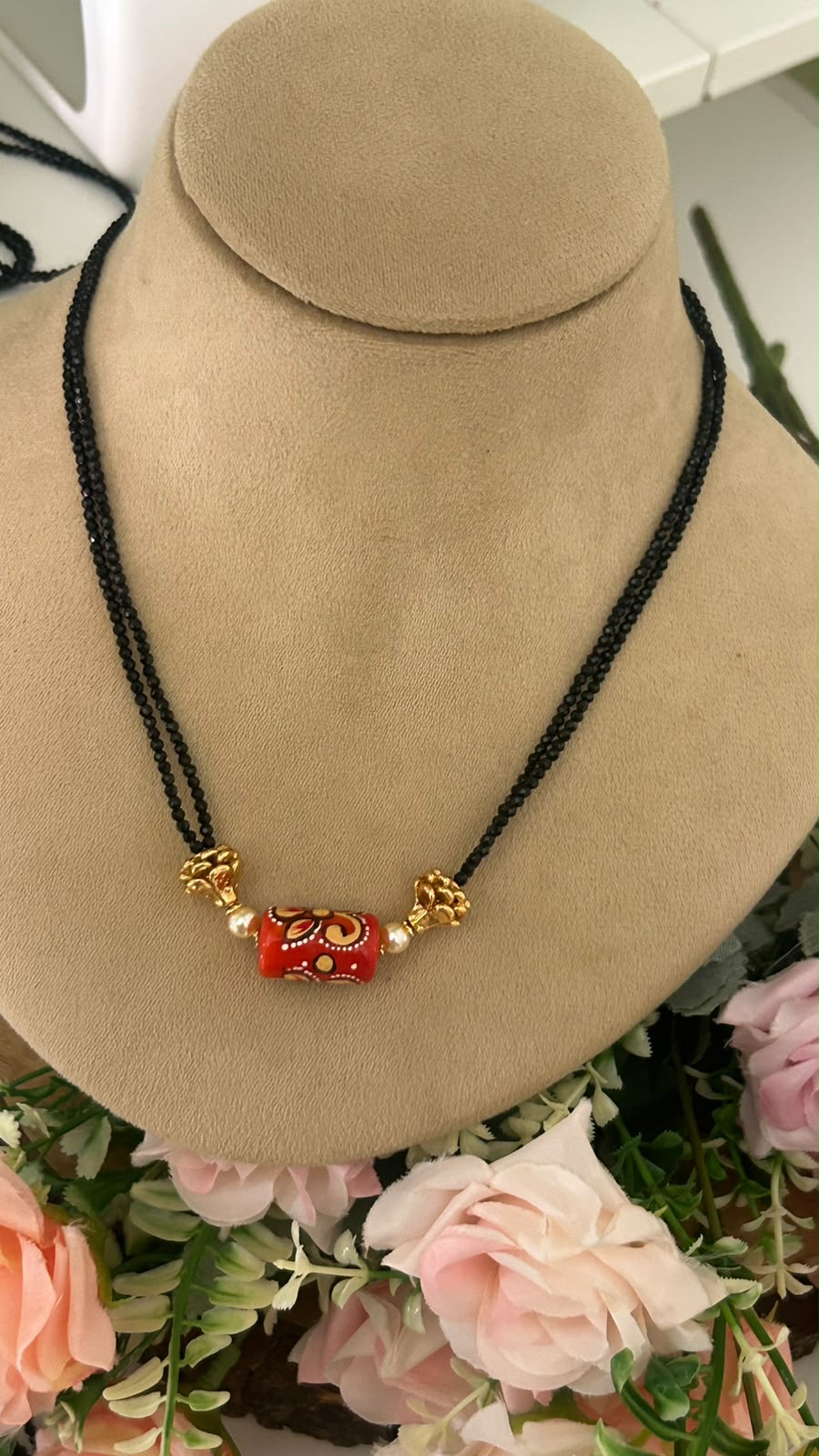 Designer Double Line Black Beads Mangalsutra Necklace with Red Meenakari Barrel Bead & Gold-Tone Accents for Women