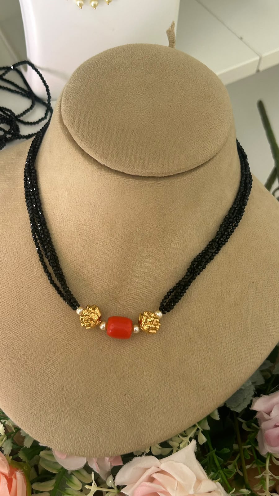 Elegant Multi Line Black Beads Mangalsutra Necklace with Red Centre Bead & Gold-Tone Floral Beads for Women