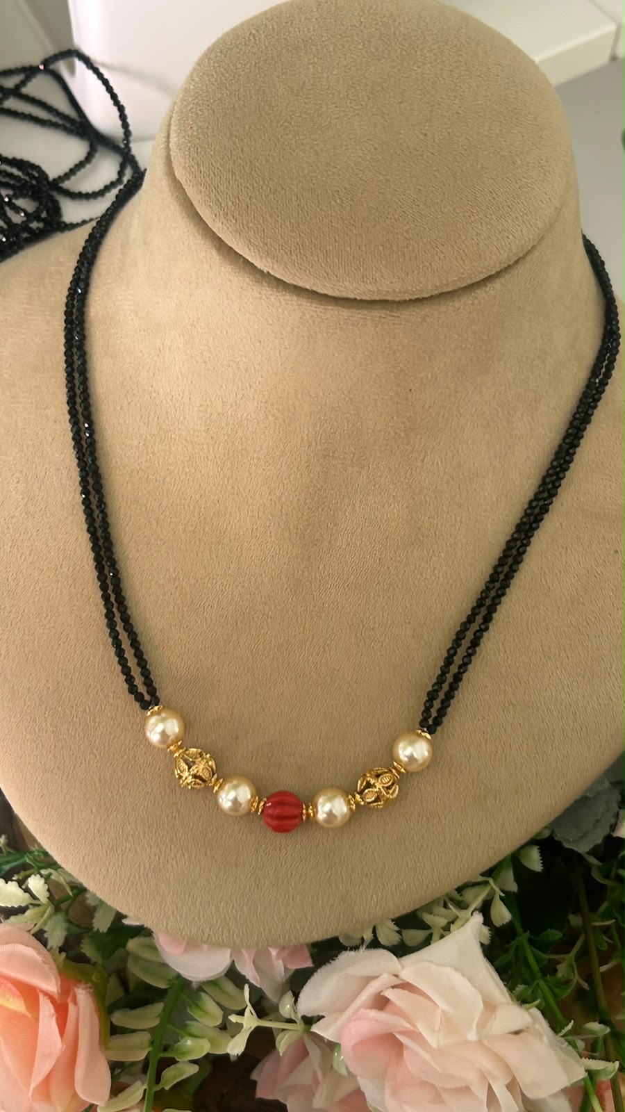 Elegant Double Line Black Beads Mangalsutra Necklace with Red Centre Bead, Pearl Accents & Gold-Tone Floral Beads for Women
