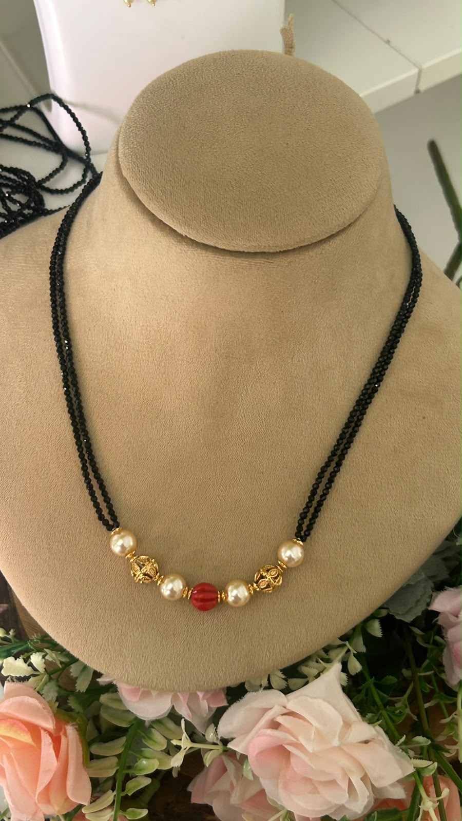 Elegant Double Line Black Beads Mangalsutra Necklace with Red Centre Bead, Pearl Accents & Gold-Tone Floral Beads for Women