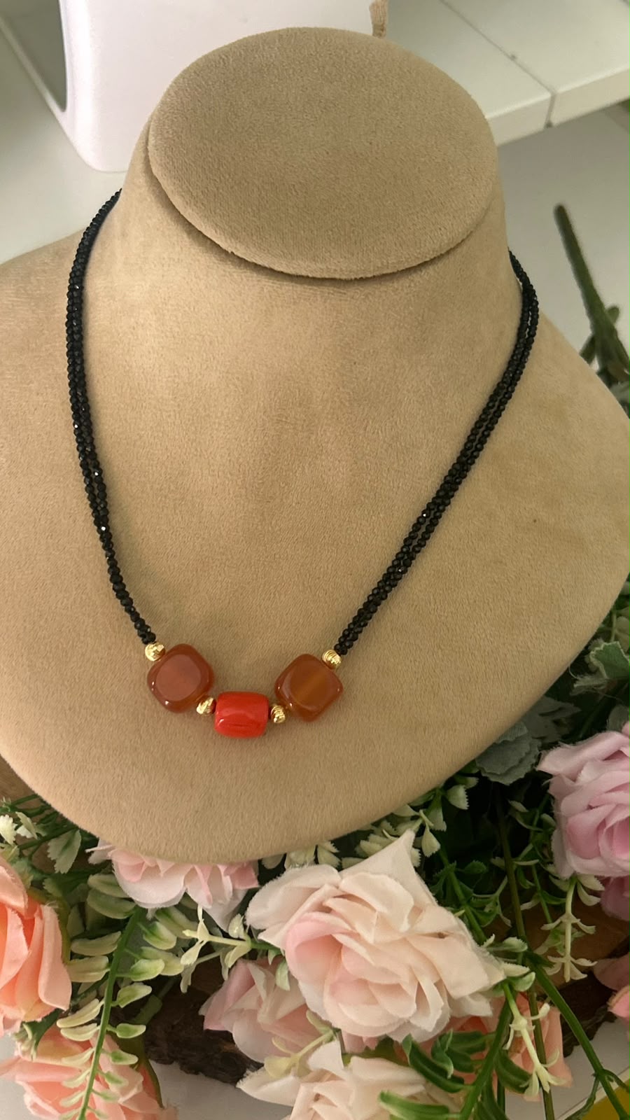 Designer Double Line Black Beads Mangalsutra with Brown Square Beads, Red Centre Bead & Gold-Tone Accents for Women