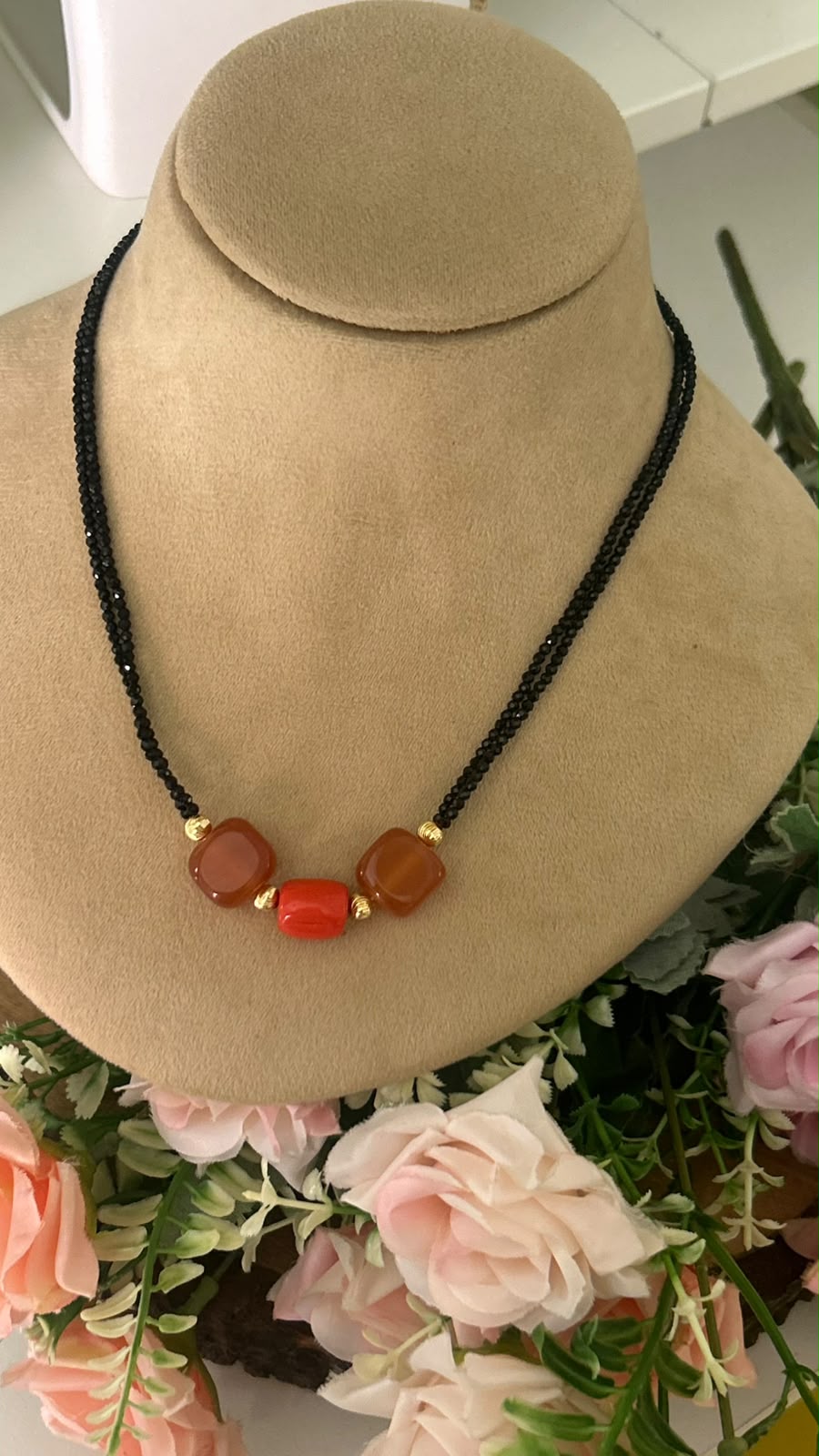 Designer Double Line Black Beads Mangalsutra with Brown Square Beads, Red Centre Bead & Gold-Tone Accents for Women