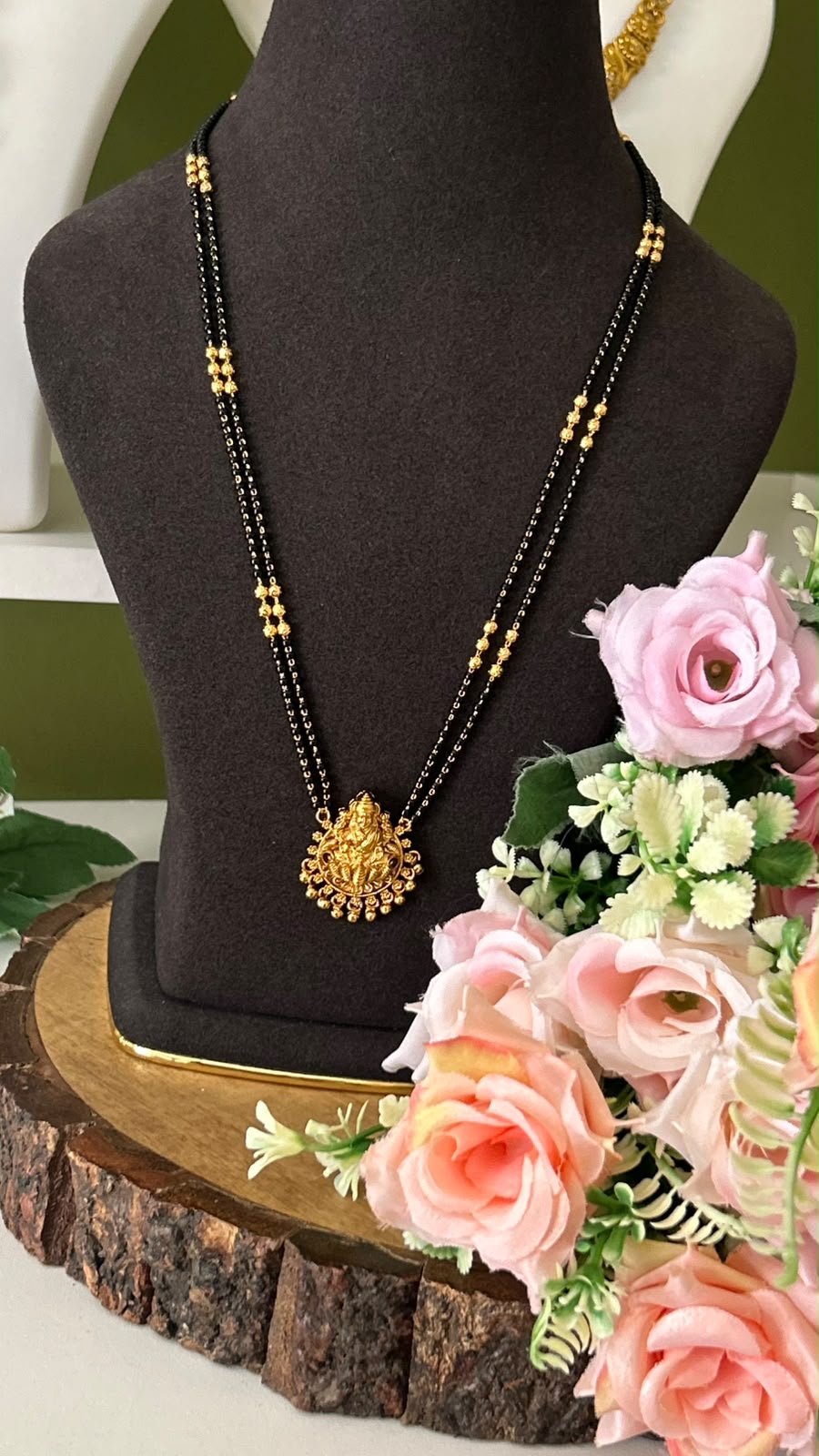 Traditional Lakshmi Devi Pendant Double Line Black Beads Mangalsutra with Antique Gold Finish – 20 to 22 Inches