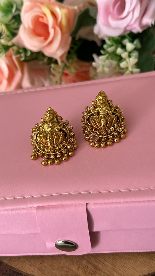 Antique Gold Finish Lakshmi Devi Temple Jewellery Stud Earrings with Traditional Ghungroo Drops & Push Back Closure for Women