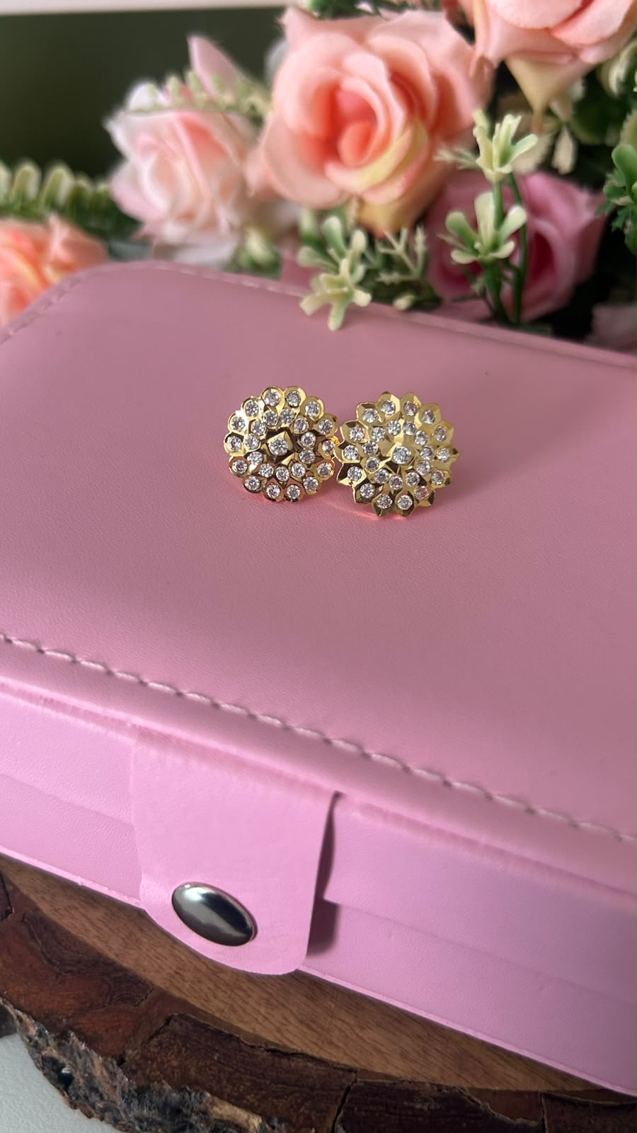 Elegant Panchaloham Round Flower Design Stud Earrings with Sparkling White Stones for Women