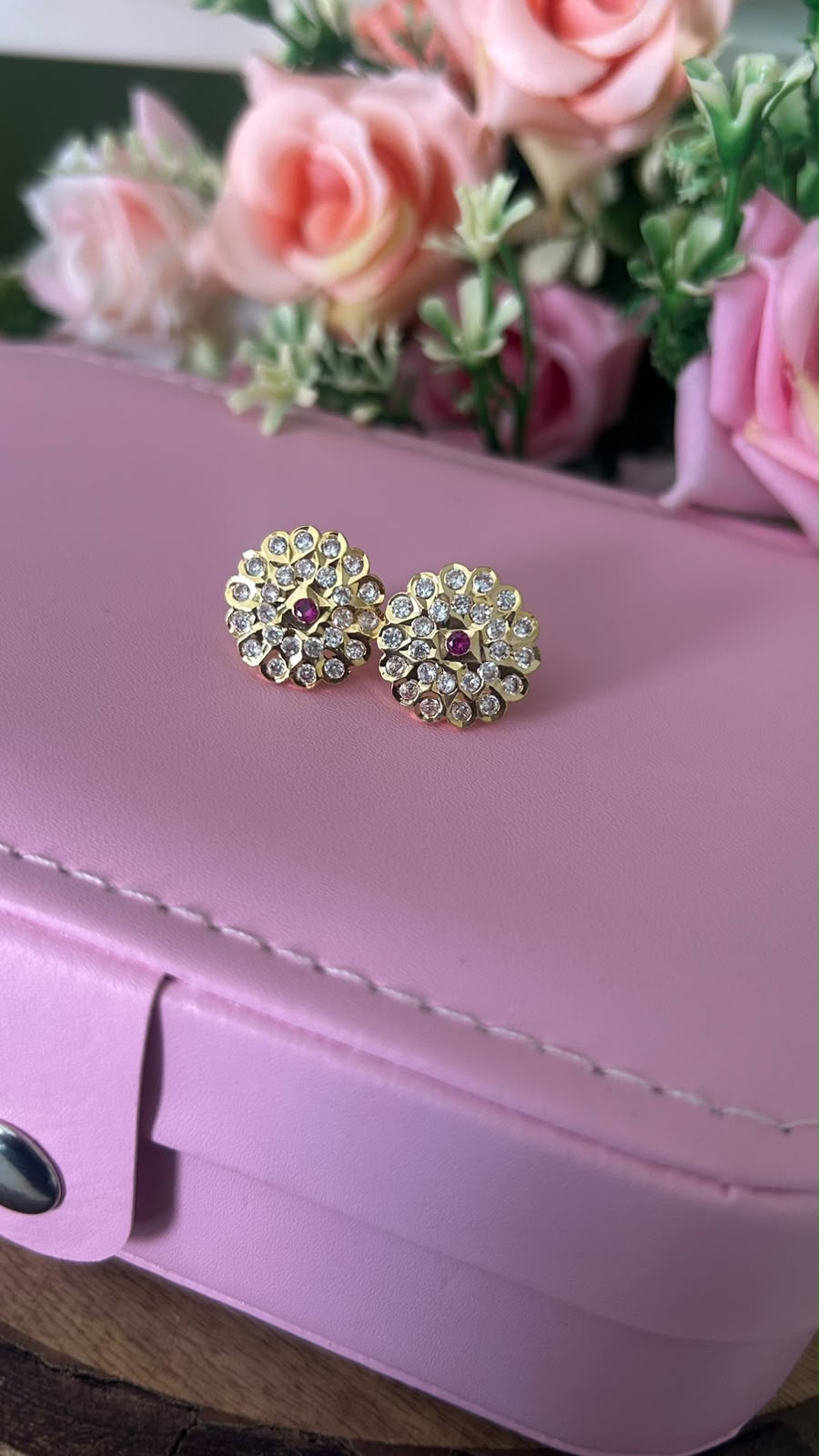 Elegant Panchaloham Round Flower Design Stud Earrings with Sparkling White Stones with center pink stone for Women