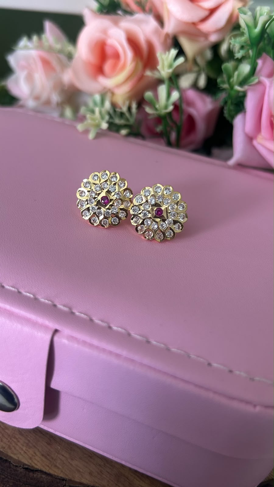 Elegant Panchaloham Round Flower Design Stud Earrings with Sparkling White Stones with center pink stone for Women