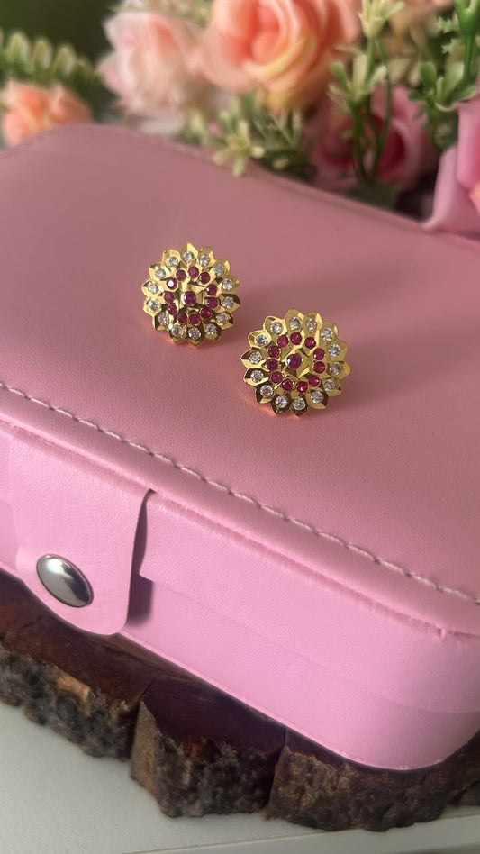 Traditional Panchaloham Gold Finish Round Floral Stud Earrings with Ruby Pink and White Stones – Screw Back for Women