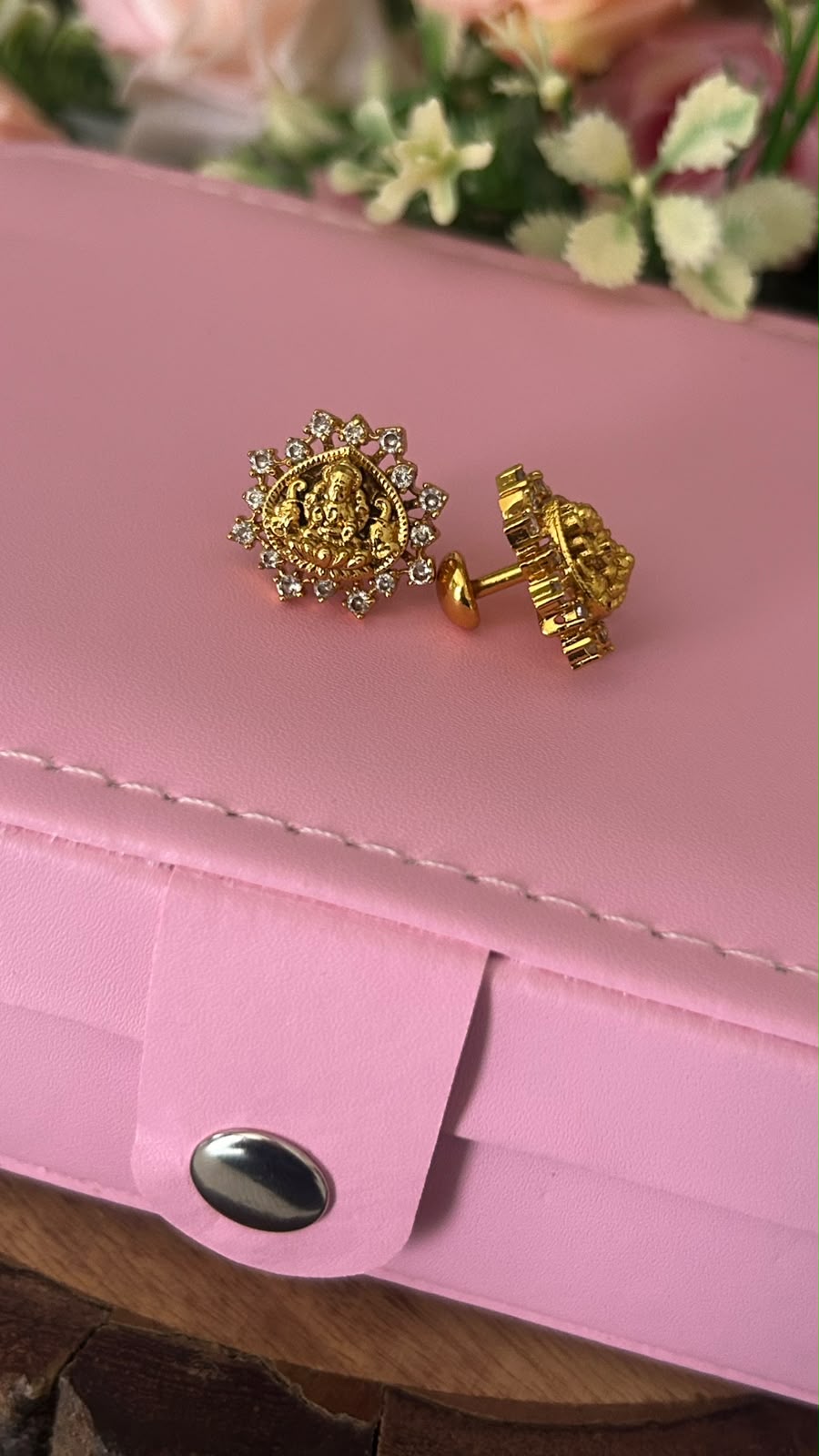 Traditional Lakshmi Devi Gold Plated Stud Earrings with White Stones – Floral Design Screw Back Earrings for Women- patteren 4