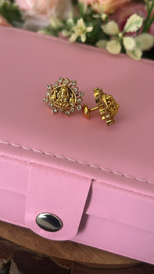 Traditional Lakshmi Devi Gold Plated Stud Earrings with White Stones – Floral Design Screw Back Earrings for Women- patteren 4