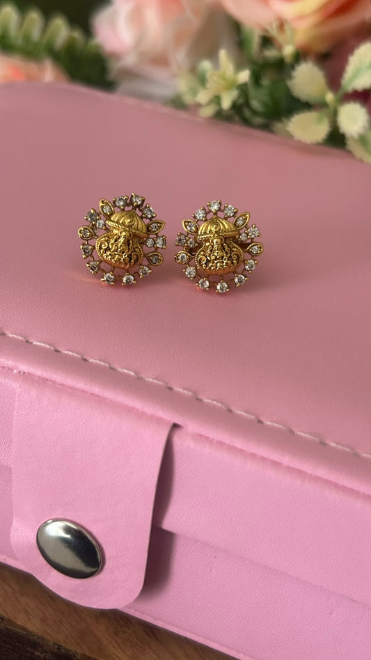Traditional Lakshmi Devi Gold Plated Stud Earrings with White Stones – Floral Design Screw Back Earrings for Women- patteren 5