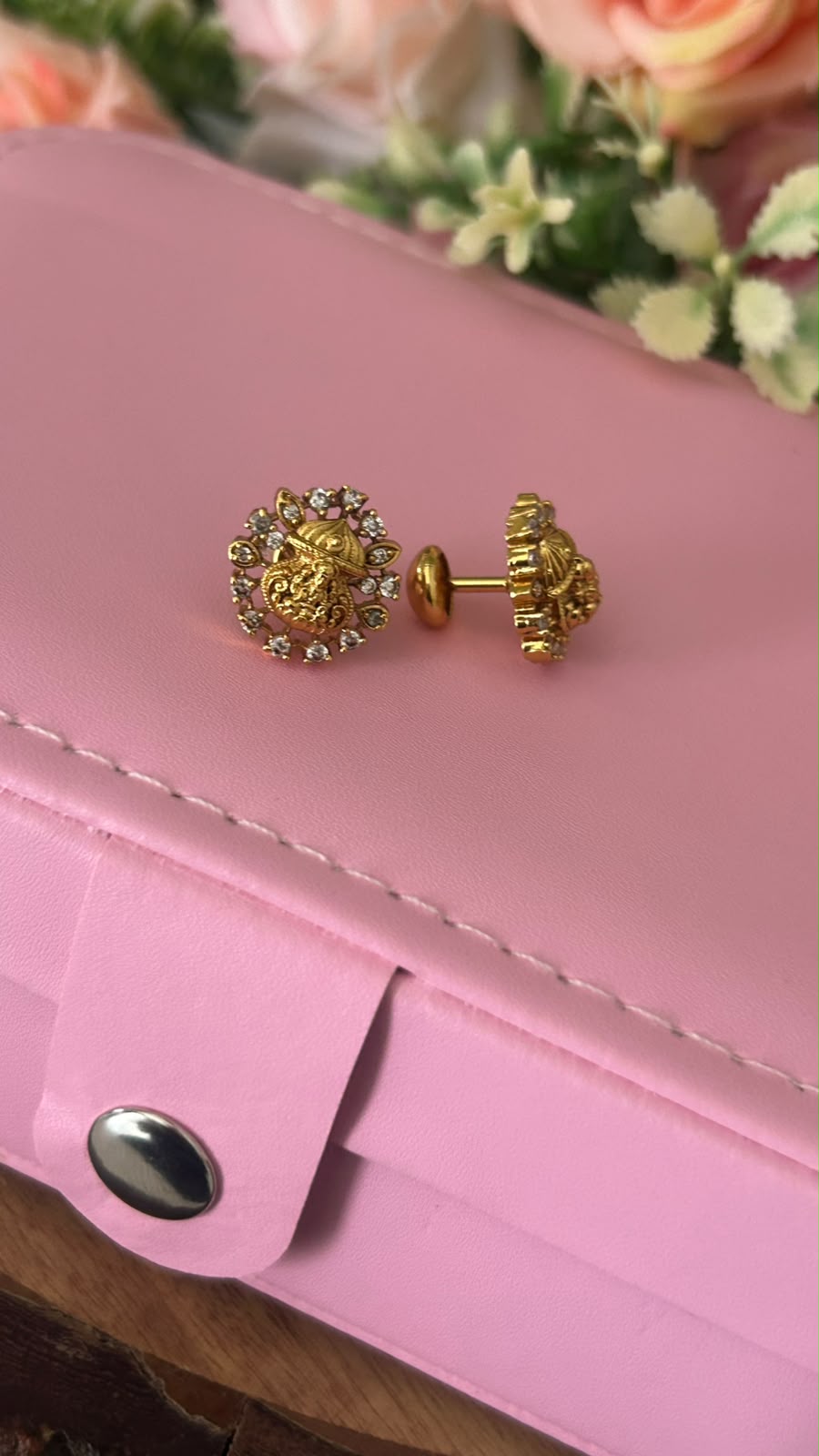 Traditional Lakshmi Devi Gold Plated Stud Earrings with White Stones – Floral Design Screw Back Earrings for Women- patteren 5