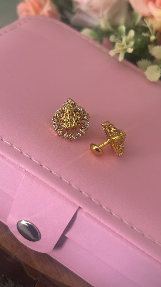 Traditional Lakshmi Devi Gold Plated Stud Earrings with White Stones – Floral Design Screw Back Earrings for Women- patteren 2
