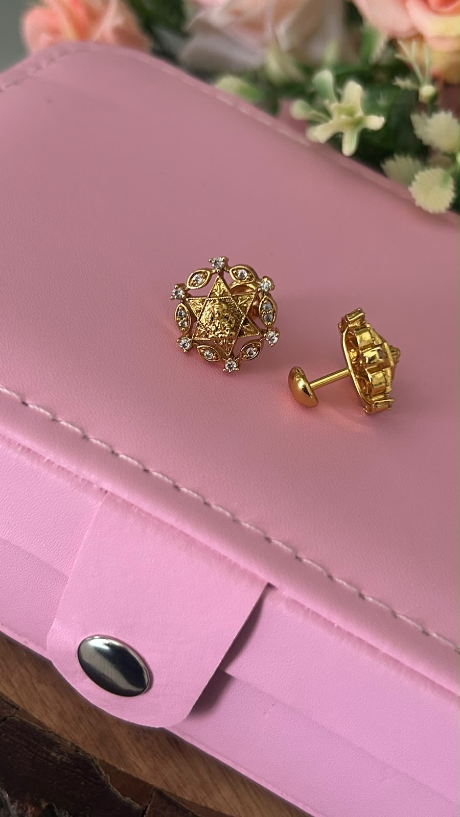 Traditional Lakshmi Devi Gold Plated Stud Earrings with White Stones – Floral Design Screw Back Earrings for Women- patteren 3
