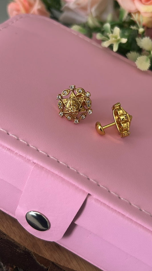 Traditional Lakshmi Devi Gold Plated Stud Earrings with White Stones – Floral Design Screw Back Earrings for Women- patteren 3