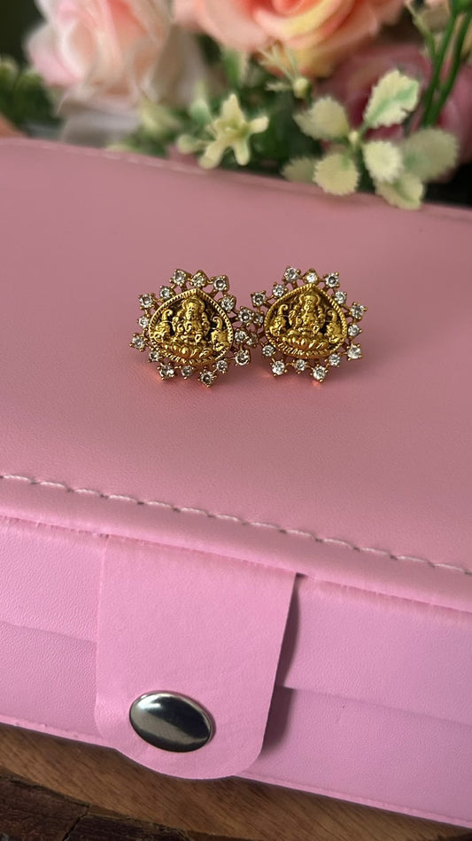 Traditional Lakshmi Devi Gold Plated Stud Earrings with White Stones – Floral Design Screw Back Earrings for Women- patteren 4