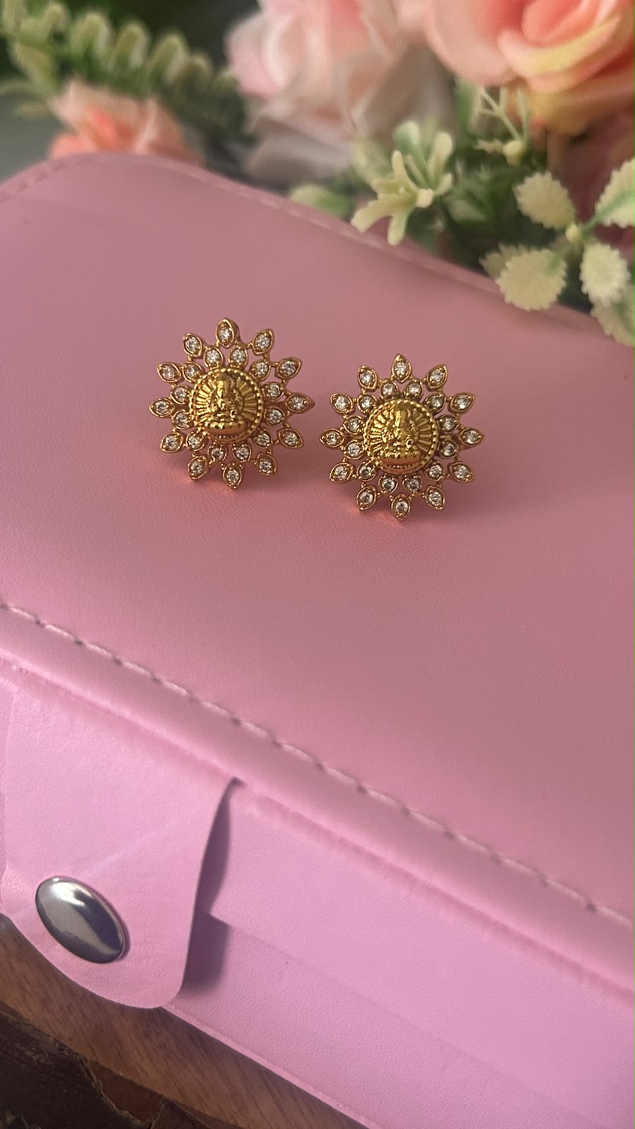 Traditional Lakshmi Devi Gold Plated Stud Earrings with White Stones – Floral Design Screw Back Earrings for Women - patteren 1