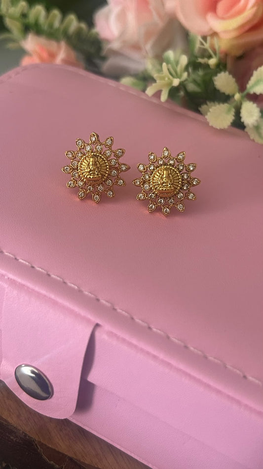 Traditional Lakshmi Devi Gold Plated Stud Earrings with White Stones – Floral Design Screw Back Earrings for Women - patteren 1