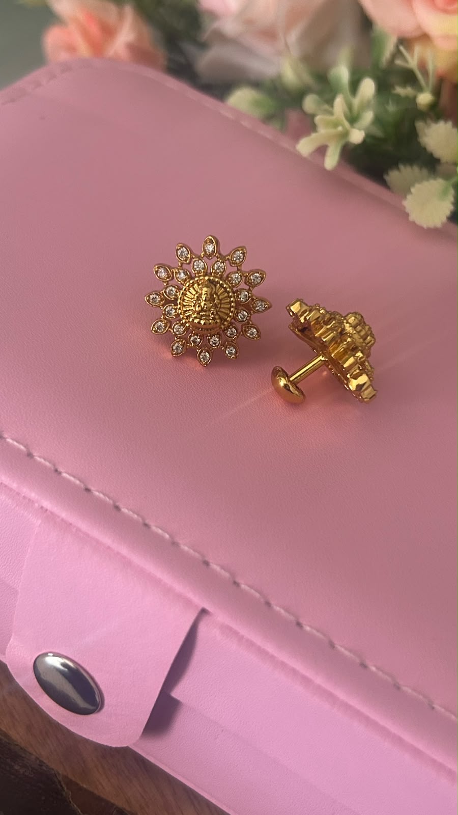 Traditional Lakshmi Devi Gold Plated Stud Earrings with White Stones – Floral Design Screw Back Earrings for Women - patteren 1