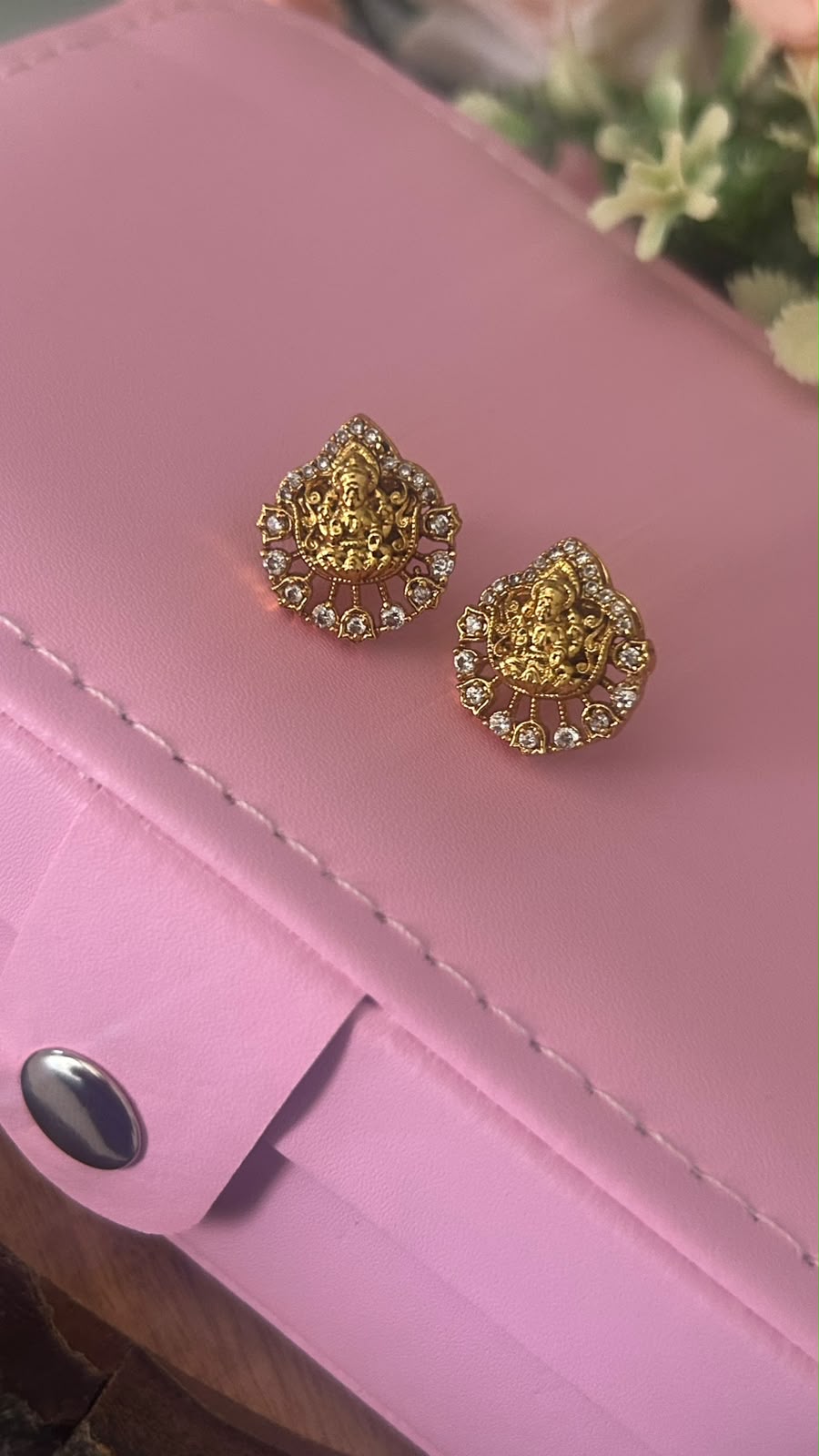 Traditional Lakshmi Devi Gold Plated Stud Earrings with White Stones – Floral Design Screw Back Earrings for Women- patteren 2