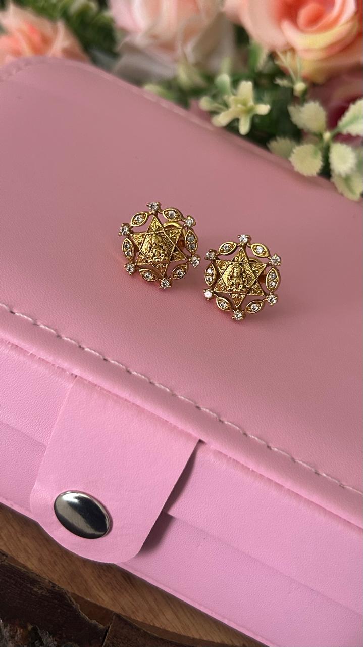 Traditional Lakshmi Devi Gold Plated Stud Earrings with White Stones – Floral Design Screw Back Earrings for Women- patteren 3