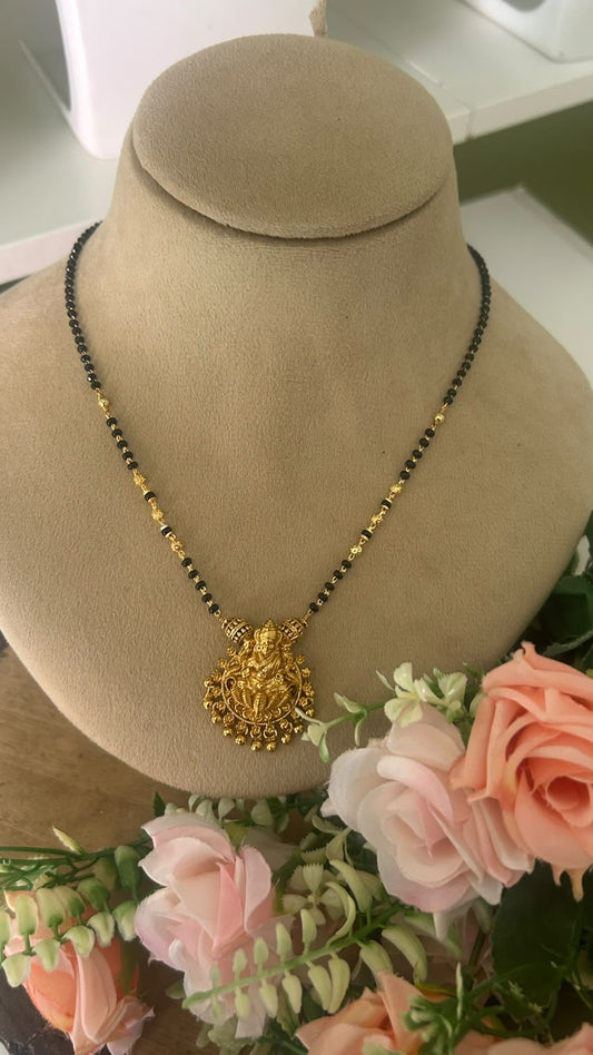 Traditional Antique Gold Finish Lord lakshmi Pendant Black Beads Mangalsutra Necklace for Women