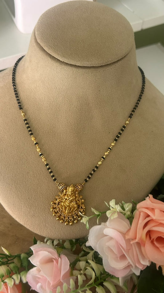 Traditional Antique Gold Finish Lord lakshmi Pendant Black Beads Mangalsutra Necklace for Women