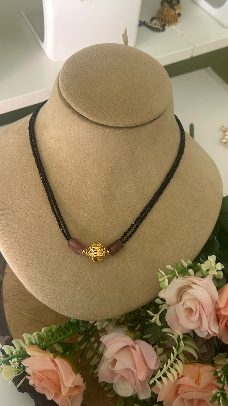 Elegant Double Line Black Beads Mangalsutra Necklace with Antique Gold Finish Round Bead and Brown Stone Accents for Women