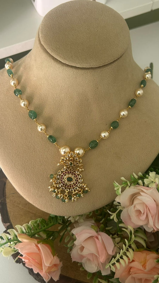 Traditional Green Beads and Golden Pearl Necklace with Antique Gold Finish Kundan Pendant for Women – Ethnic Jewellery