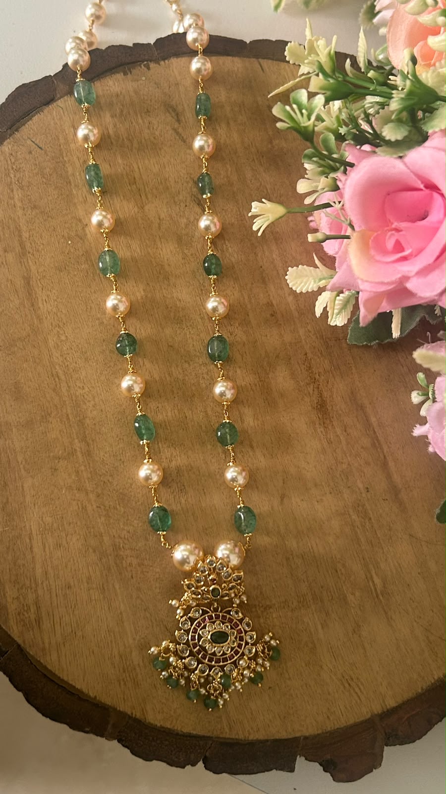 Traditional Green Beads and Golden Pearl Necklace with Antique Gold Finish Kundan Pendant for Women – Ethnic Jewellery