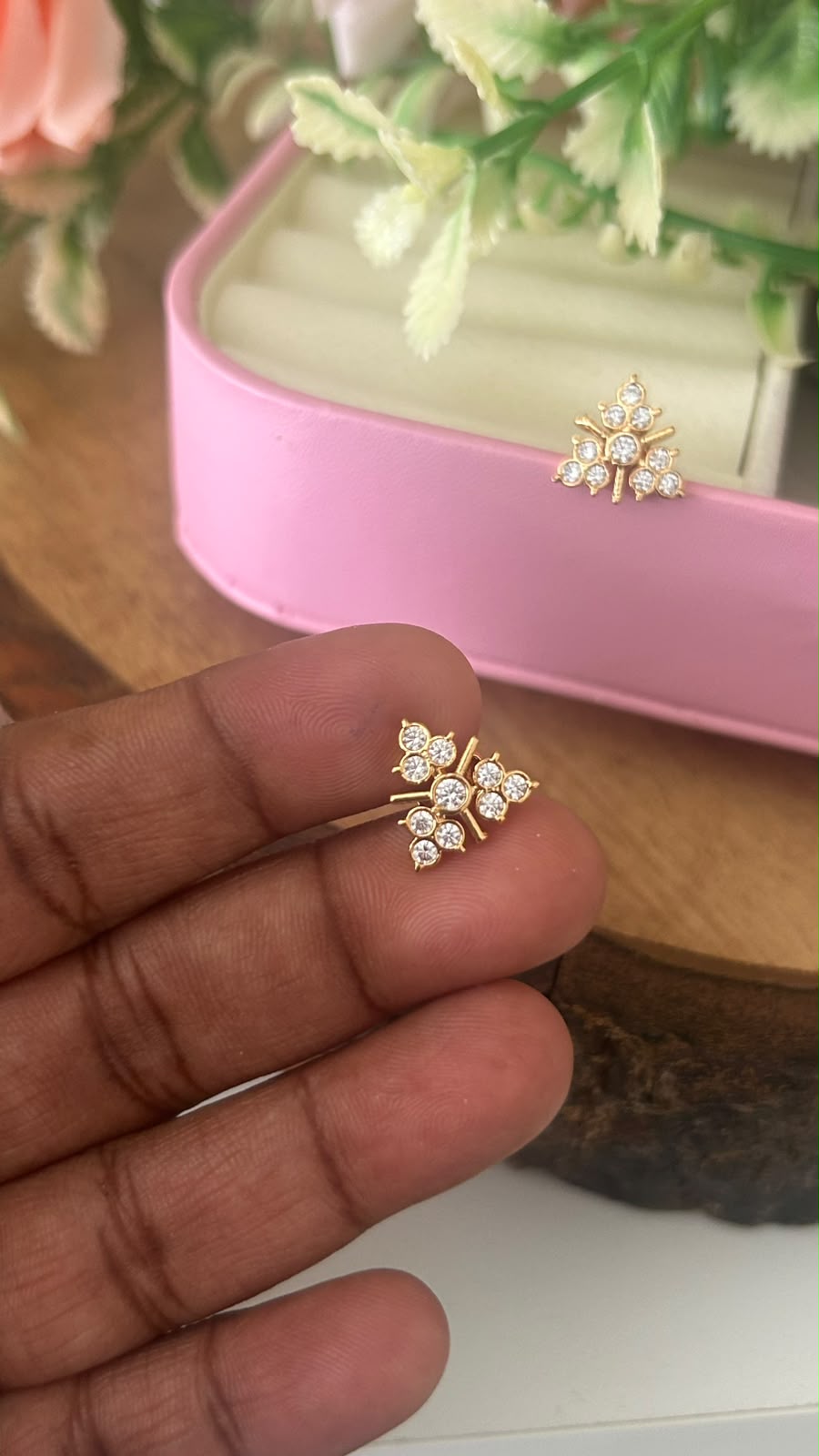 Elegant Panchaloham Gold-Tone Floral Design Stud Earrings with Sparkling White Stones for Women