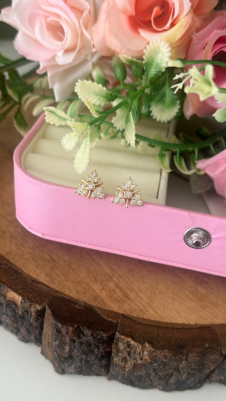 Elegant Panchaloham Gold-Tone Floral Design Stud Earrings with Sparkling White Stones for Women