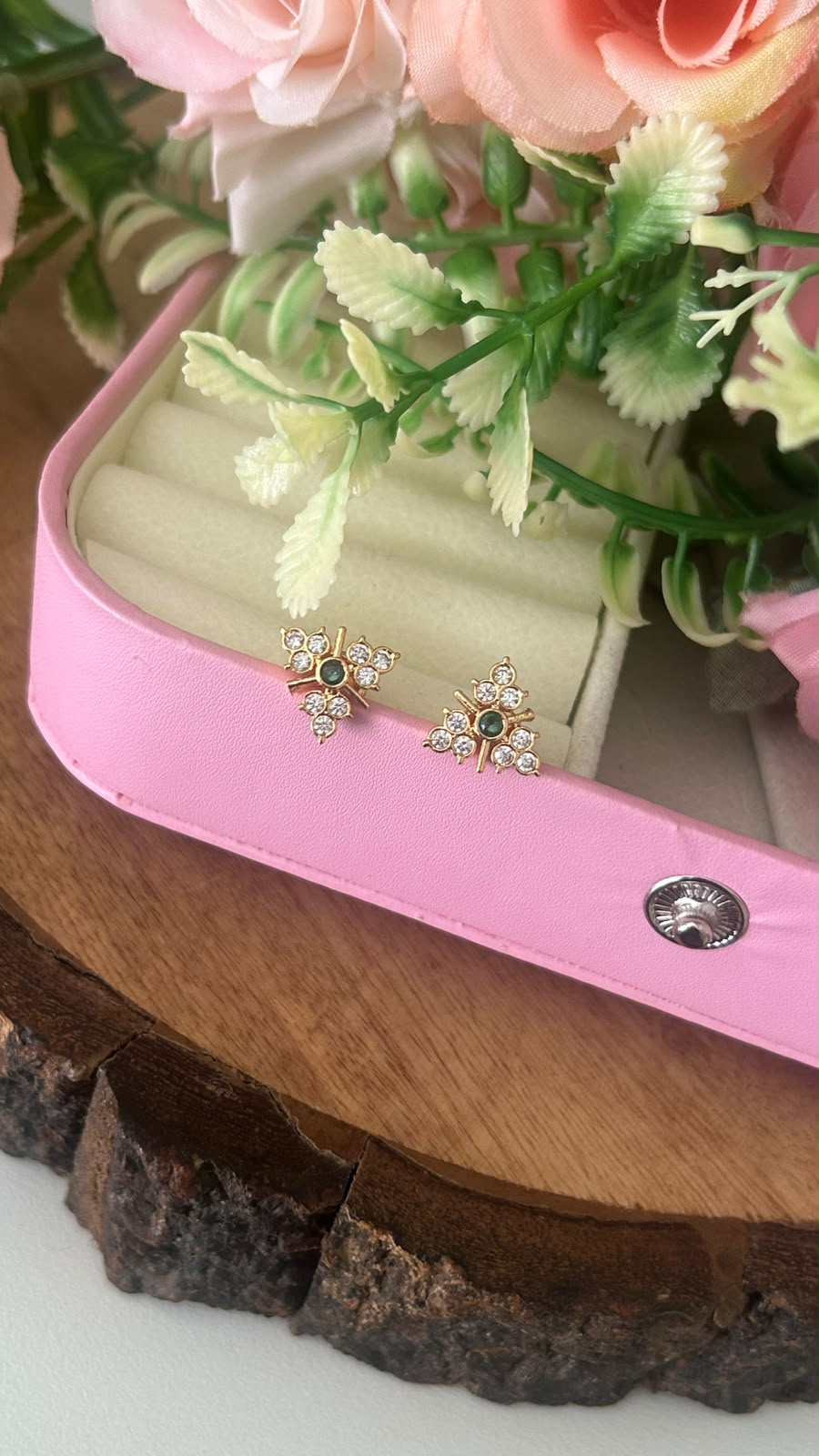 Elegant Panchaloham Gold-Tone Floral Design Stud Earrings with Sparkling White Stones with middle green for Women