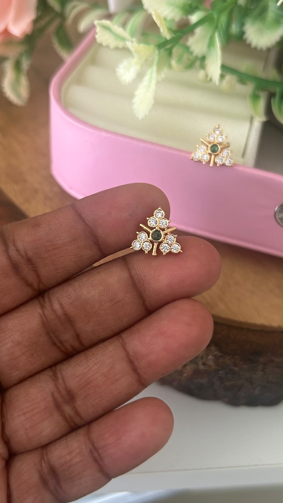 Elegant Panchaloham Gold-Tone Floral Design Stud Earrings with Sparkling White Stones with middle green for Women