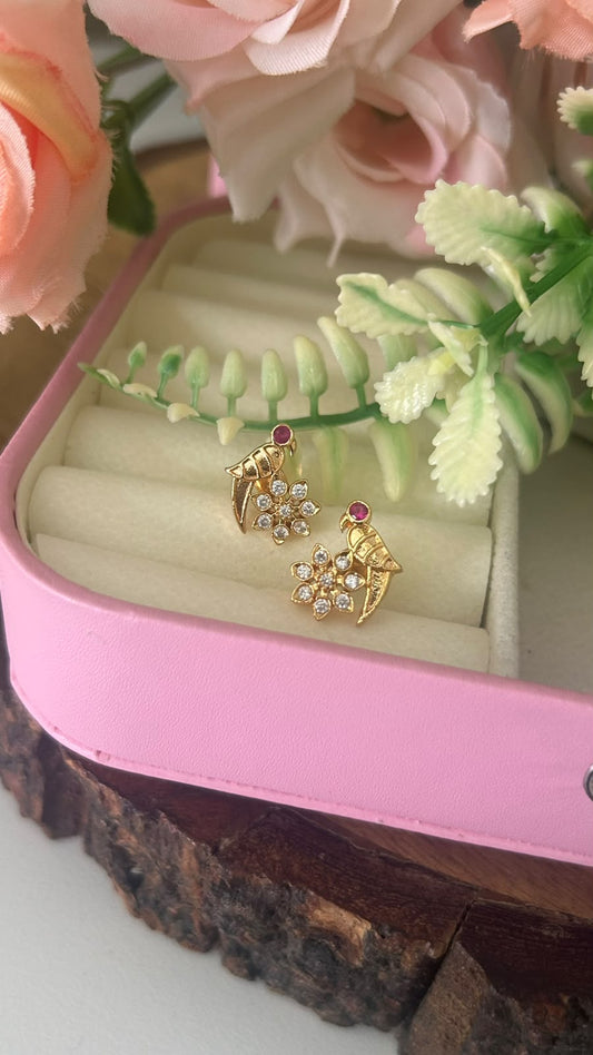 Elegant Panchaloham Gold-Tone Parrot Design Stud Earrings with Ruby Pink & Sparkling White Stones for Women