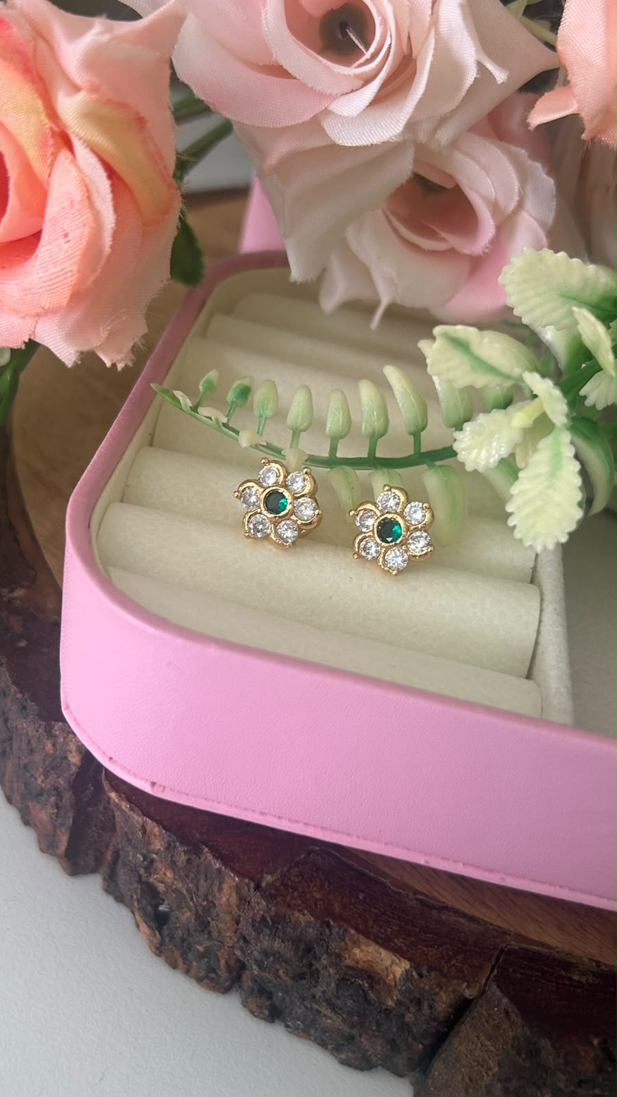 Elegant Panchaloham Gold-Tone Floral Stud Earrings with Emerald Green Center & Sparkling White Stones for Women
