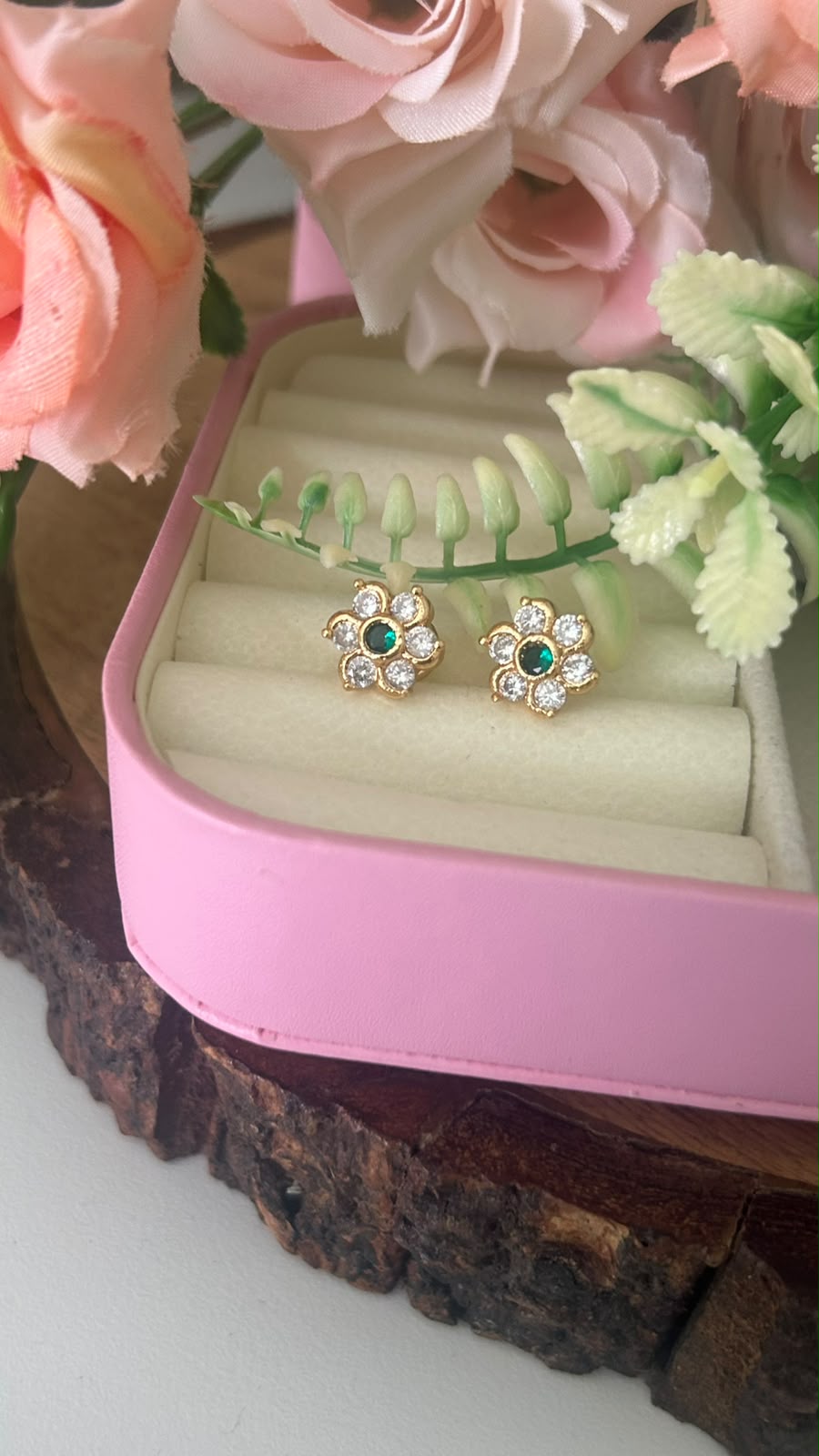 Elegant Panchaloham Gold-Tone Floral Stud Earrings with Emerald Green Center & Sparkling White Stones for Women