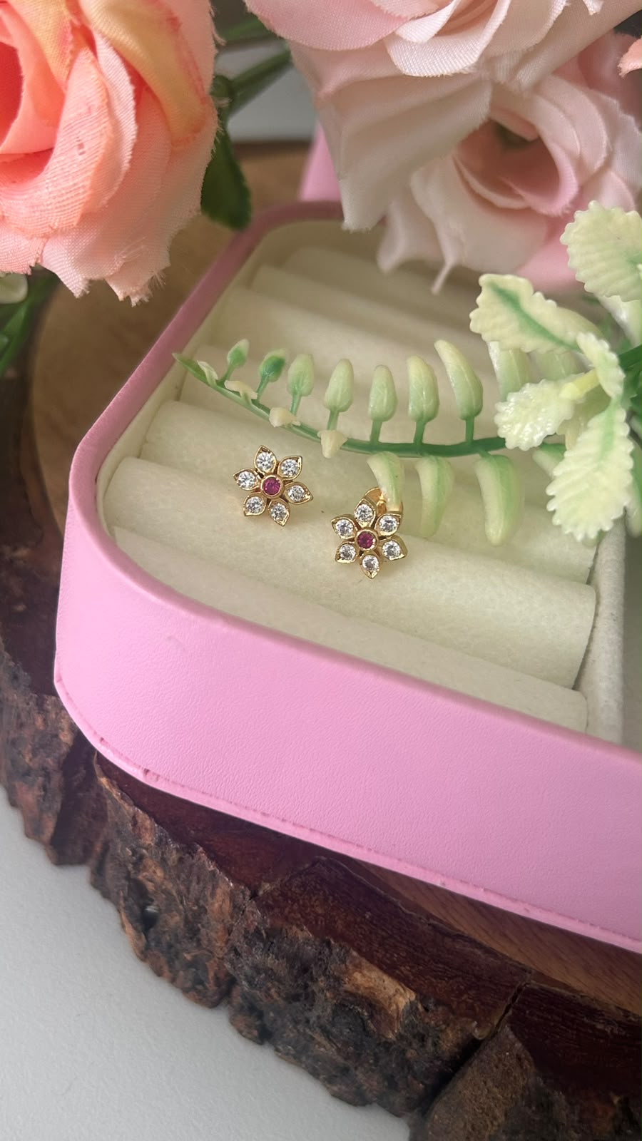 Elegant Panchaloham Gold-Tone Floral Stud Earrings with Ruby Pink Center & Sparkling White Stones for Women