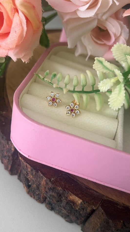 Elegant Panchaloham Gold-Tone Floral Stud Earrings with Ruby Pink Center & Sparkling White Stones for Women