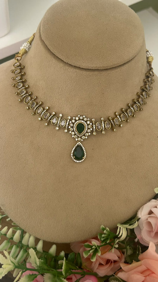 Royal Emerald Green Teardrop Necklace Set with Sparkling White Stones & Matching Drop Earrings for Women
