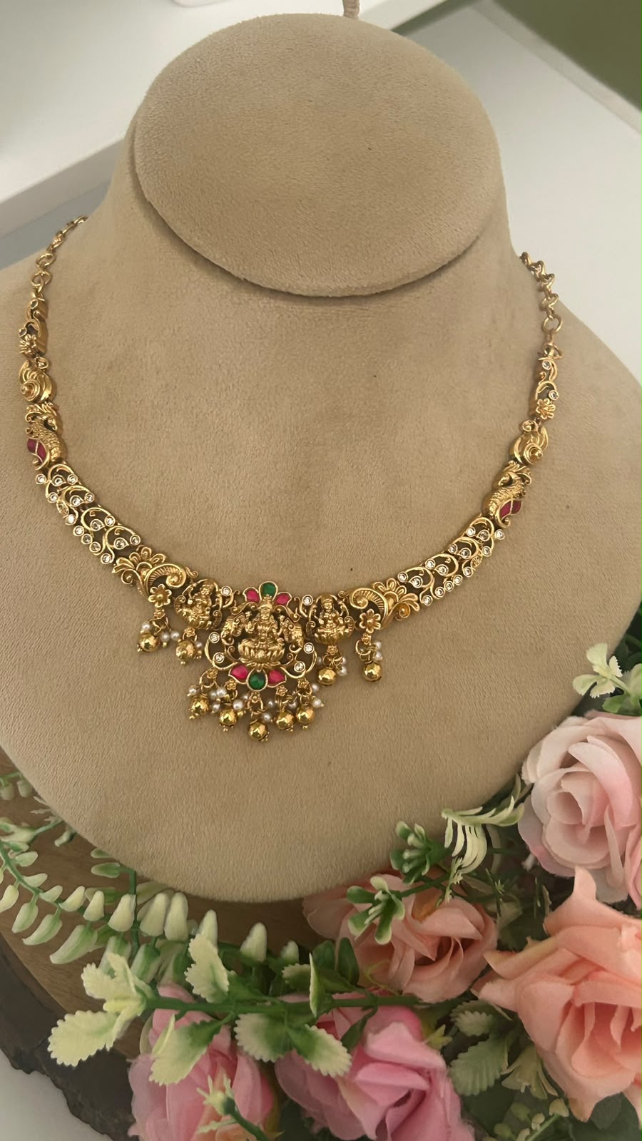Royal Antique Gold-Tone Lakshmi Devi Temple Jewellery Necklace Set with Ruby Green Stones, Pearl Ghungroo Drops & Matching Jhumka Earrings for Women