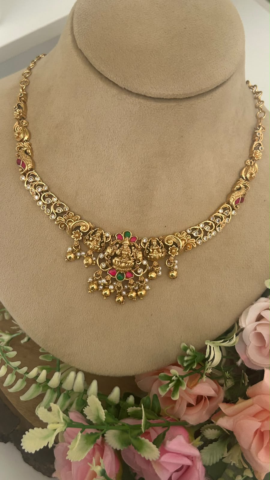 Royal Antique Gold-Tone Lakshmi Devi Temple Jewellery Necklace Set with Ruby Green Stones, Pearl Ghungroo Drops & Matching Jhumka Earrings for Women